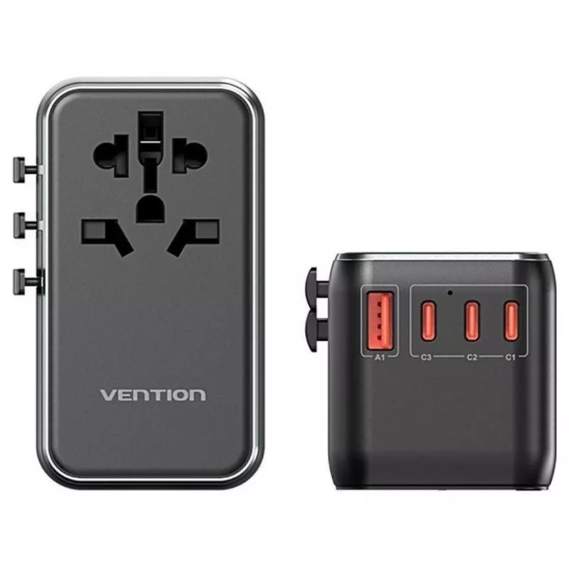 Caricabatterie Vention FJGB0 100W GaN con 3× USB-C e 1× USB-A, nero
