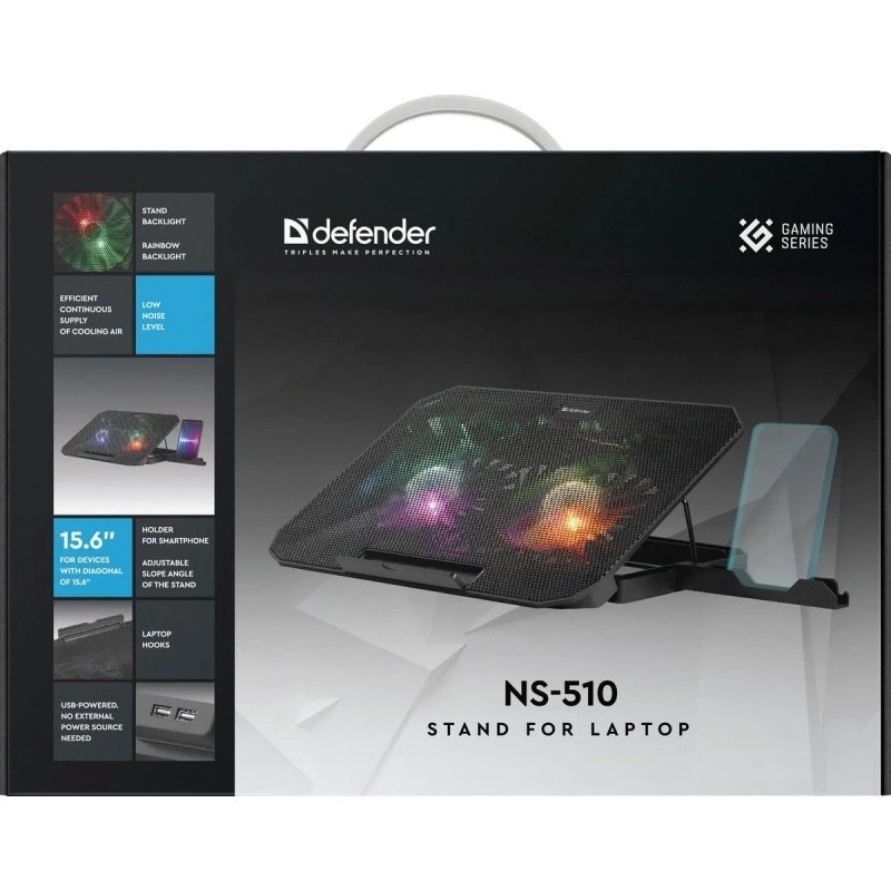 Base di raffreddamento per notebook DEFENDER NS-510 con 2 ventole, 2 porte USB e illuminazione RGB