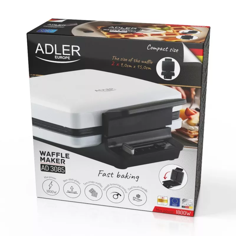 Macchina per waffle Adler AD 3085 — 1200 W, 2 waffle rettangolari 9×13 cm, temperatura regolabile, piastre antiaderenti