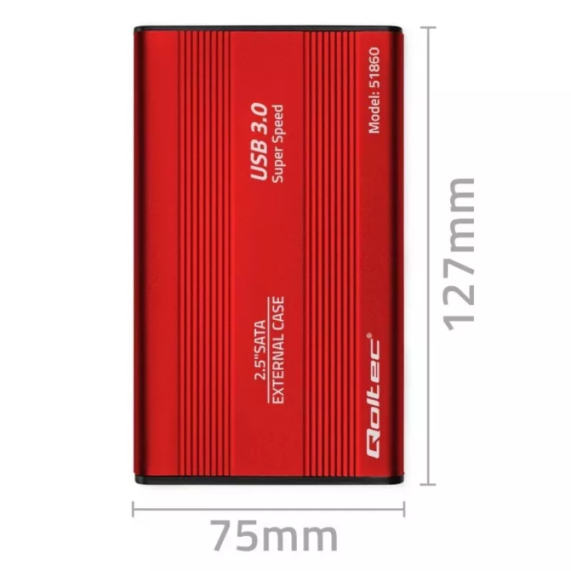 Case per HDD/SSD QOLTEC 51860 per unità SATA III da 2,5 inch, USB Type-A, 5 Gbit/s, alluminio, rosso