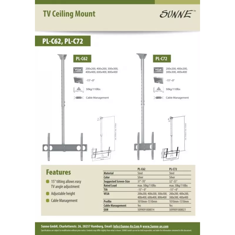 Sunne PL-C62 - Kit di montaggio (supporto a soffitto) - per schermo piatto - Acciaio - Argento - Dimensione schermo: 94-160 cm (37-63