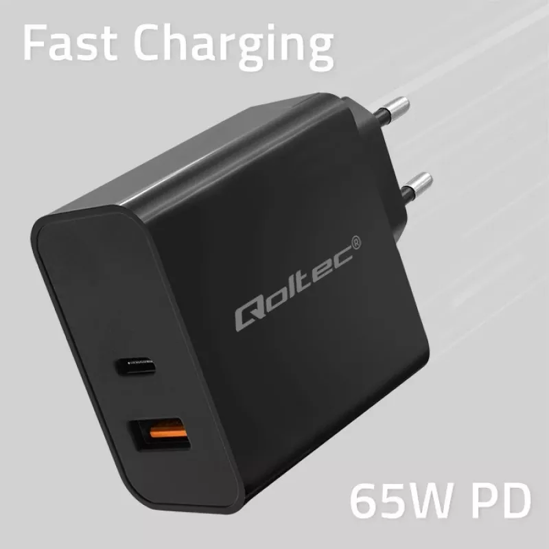 Qoltec 52380 Super Quick caricabatterie PD | 1xUSB-C | 1xUSB | 65W | 5-20V | 1,5-3,25A | nero
