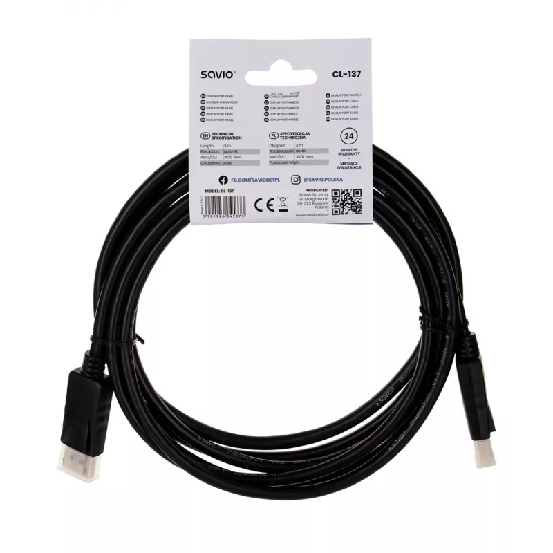 Cavo DisplayPort Savio CL-137 3 m nero