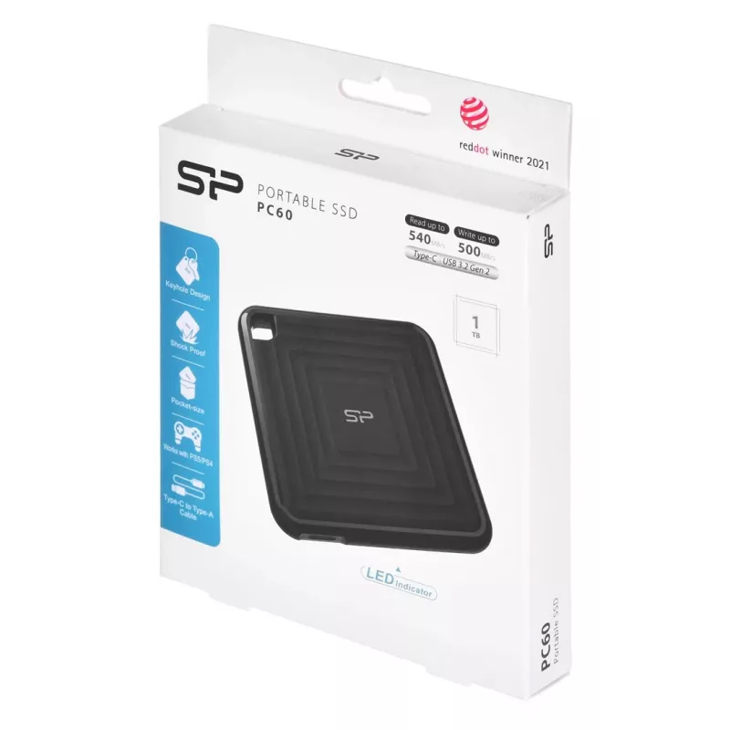 SILICON POWER PC60 - SSD - 1TB - esterno (portatile) - USB 3,2 Gen 2 - AES a 256 bit - nero (SP010TBPSDPC60CK)