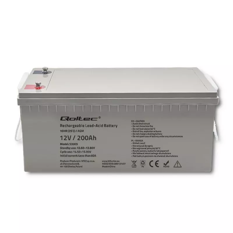 Batteria AGM ricaricabile QOLTEC 53069 12V 200Ah per alimentazione di backup e sistemi UPS