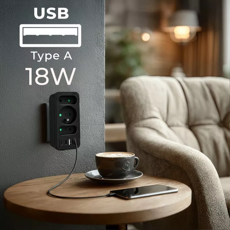 Power splitter MACLEAN MCE248 F/B — 3 prese AC (1x16A, 2x6A) e 4 porte USB (2xUSB‑A, 2xUSB‑C PD 20W), spina EU, nero