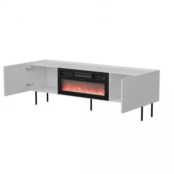 Mobile TV cama meble LUCCA 180x40x59 cm, piano e cornice bianchi, camino elettrico nero