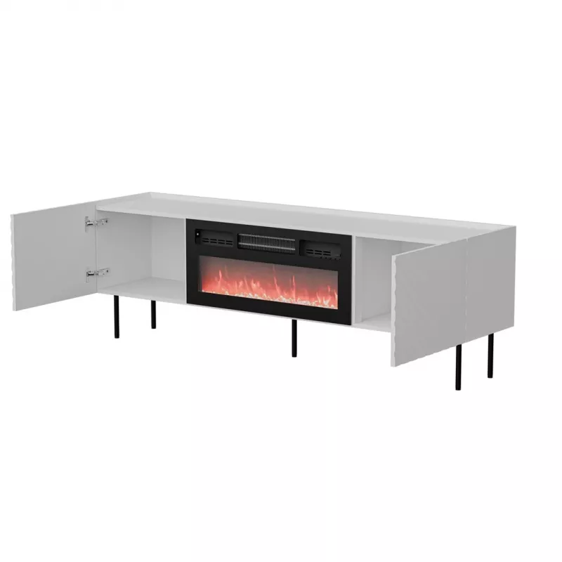 Mobile TV cama meble LUCCA 180x40x59 cm, piano e cornice bianchi, camino elettrico nero