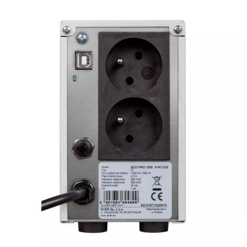 Ever ECO Pro 1200 AVR CDS gruppo di continuità (UPS) line-interactive, 1,2 kVA / 780 W, 2 prese Schuko, tower