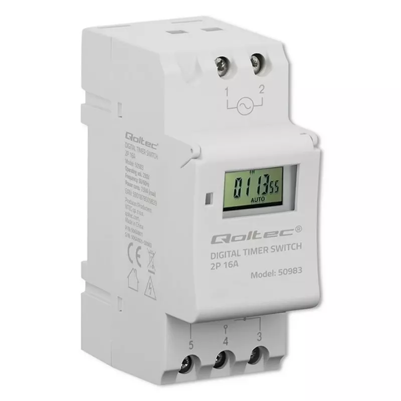 Timer elettronico per guida DIN QOLTEC 50983, a batteria, per circuiti di automazione