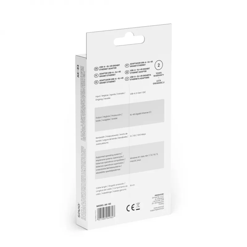 Adattatore di interfaccia di rete SAVIO AK-83 USB Type-A a RJ-45 connettore maschio, 5 Gbit/s, nero