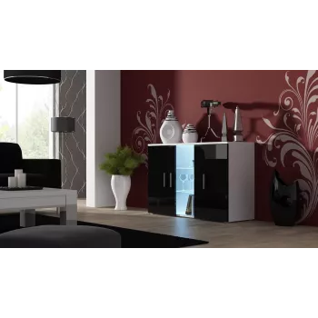 Sideboard Cama Meble SOHO S7 120 cm – 3 ante, 4 ripiani, piano superiore bianco, nero lucido