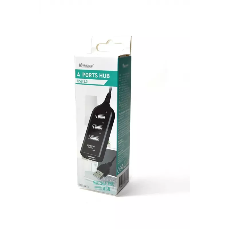 Hub USB VAKOSS TC-234UX — hub USB 2.0 a 4 porte, alimentazione DC (5 V, 1 A), nero
