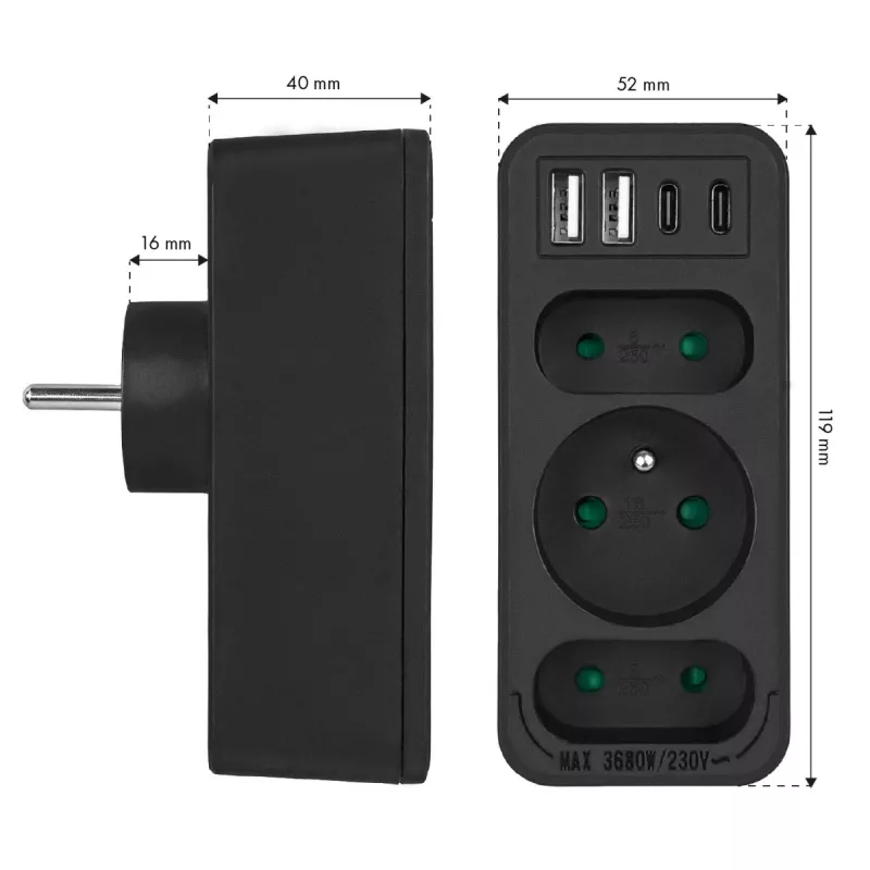 Power splitter MACLEAN MCE248 F/B — 3 prese AC (1x16A, 2x6A) e 4 porte USB (2xUSB‑A, 2xUSB‑C PD 20W), spina EU, nero