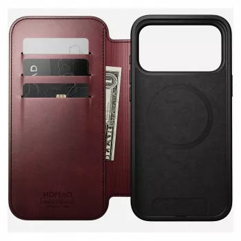 Custodia per smartphone Nomad Modern Leather Folio per iPhone 17 Pro Max — pelle, TPU, PC, alluminio, bordeaux, 16 cm (6,3 pollici)