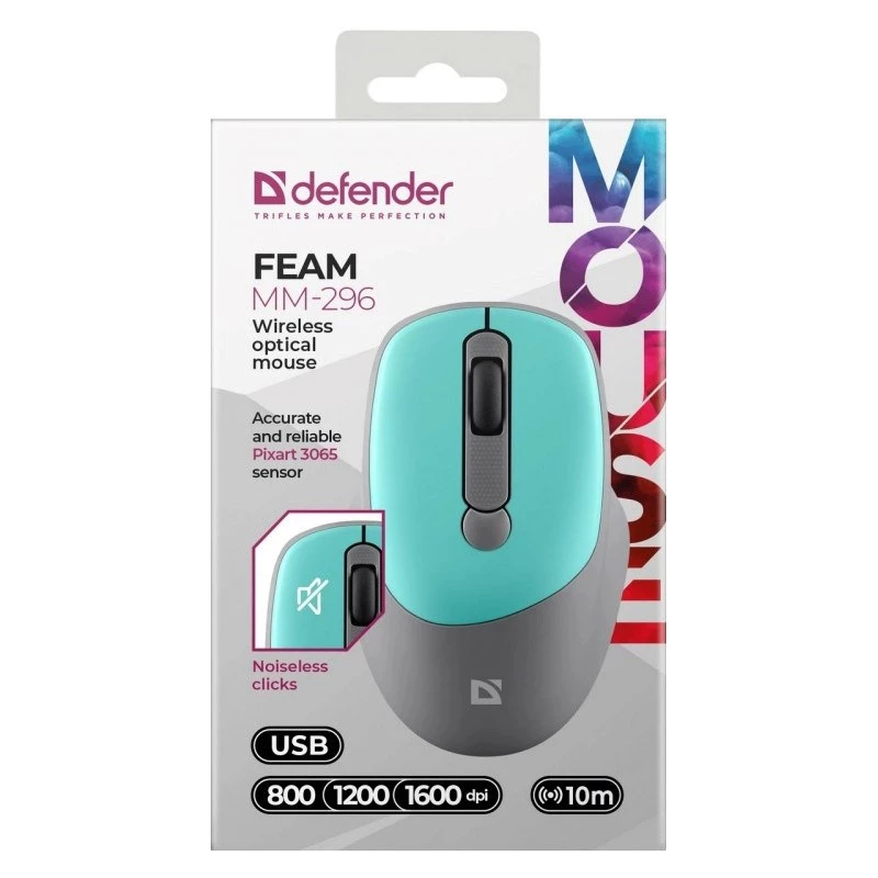 Defender Feam MM-296 52294 mouse wireless, click silenzioso, ottico, 1600 DPI, USB, menta