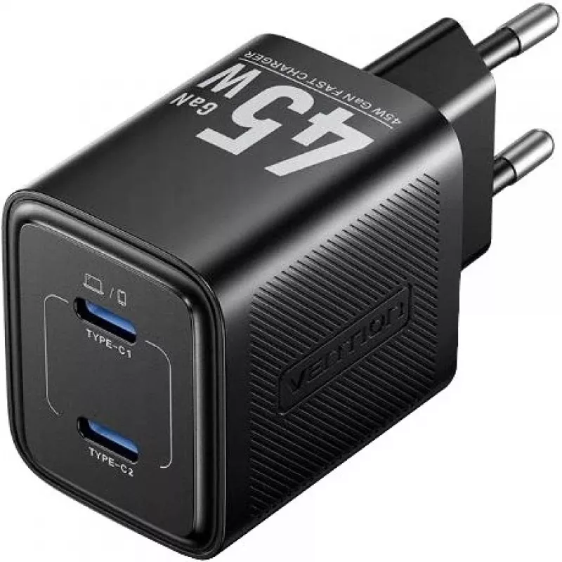 Vention FEFB0-EU caricabatterie rapido AC da interno 45W 2× USB-C — per smartphone, laptop, tablet, smartwatch, cuffie (nero)
