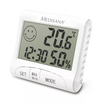 Igrometro interno elettronico Medisana HG 100 — termometro digitale, umidità 20–90 %, temp -10–50 °C, display da tavolo, batteria AAA