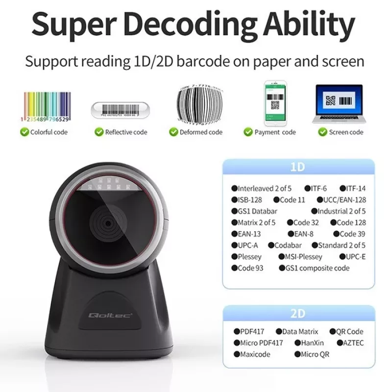 Lettore di codici a barre da tavolo Qoltec per codici 1D e 2D, scanner QR, nero