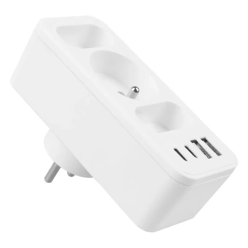 Power splitter MACLEAN MCE248 F/W — 3 prese AC (1×16A, 2×6A) + 4×USB (2×A, 2×C PD 20W), spina EU, bianco