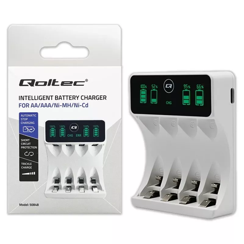 Caricabatterie QOLTEC 50848 per celle NiMH AAA (R03) e AA (R6) con display LCD