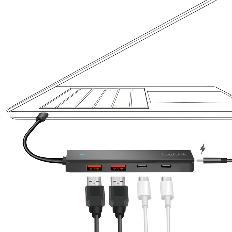 Hub USB-C, 4 porte 2x USB-A, 2x USB-C, nero