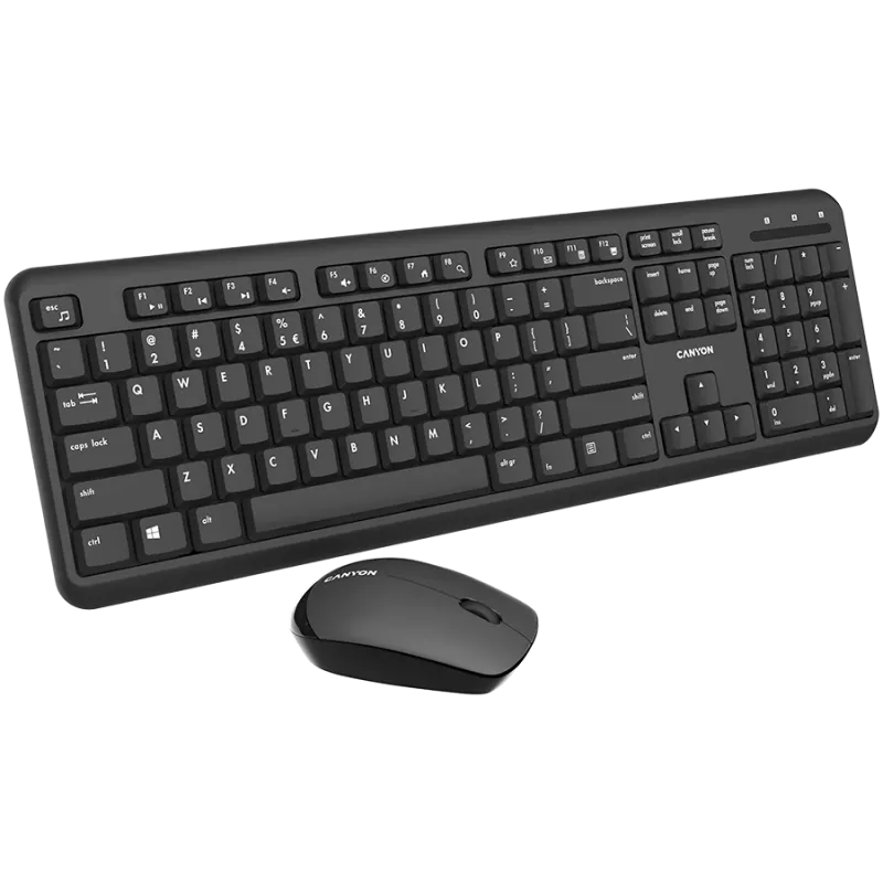 Set tastiera e mouse senza fili CANYON CNS-HSETW02-UK/US nero velvet — set combo wireless compatto con ricevitore USB