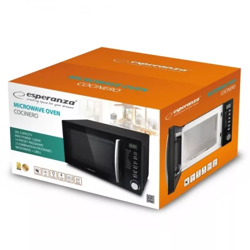 Microonde combinato ESPERANZA COCINERO 1200 W, 20 L, grill 900 W, display LED, da tavolo, nero