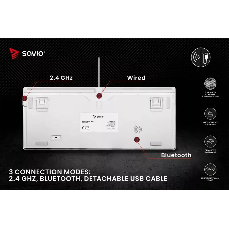 SAVIO PHENIX WHITE tastiera meccanica wireless, Gateron Red Pro, ABS