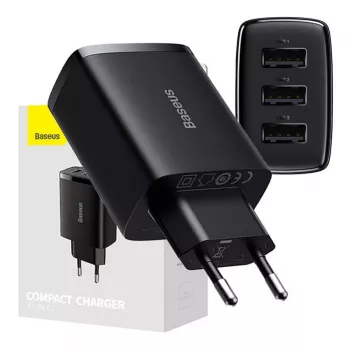 Baseus Caricabatterie rapido compatto, 3x USB, 17 W (Nero)