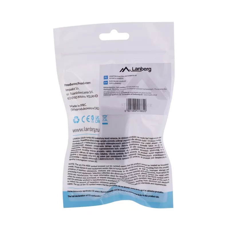 Lanberg AD-RJ45-RJ45-OU6 giunto RJ45 Cat.6 UTP, bianco