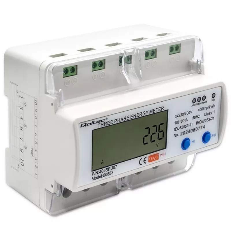Contatore di energia trifase QOLTEC 50883 Wi‑Fi 400V con display LCD
