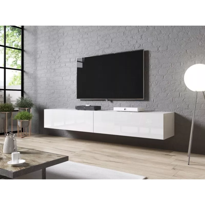 Supporto TV cama meble SLIDE 200 — 2000×400×300 mm, piano in MDF bianco lucido, struttura bianca