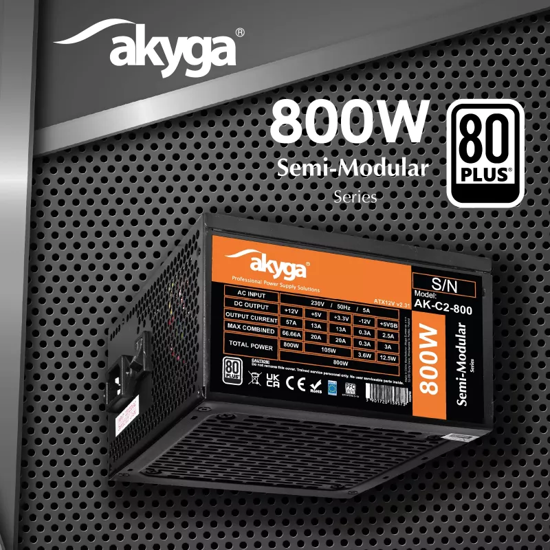 Alimentatore ATX Akyga AK-C2-800 Classic 800 W, semimodulare, PFC attivo, ventola 120 mm