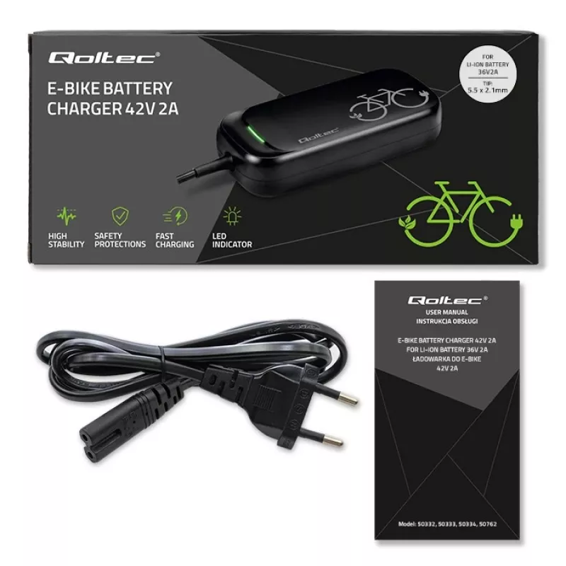 Caricabatterie per e-bike QOLTEC 50332 — uscita 36V/42V, 2A, connettore 5,5×2,1 mm