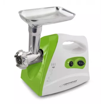 Tritacarne ESPERANZA EKM012G — 600 W, lama in acciaio inox, cornetto per salsicce, accessorio kebbe, marcia indietro, piedini antiscivolo, bianco/verde