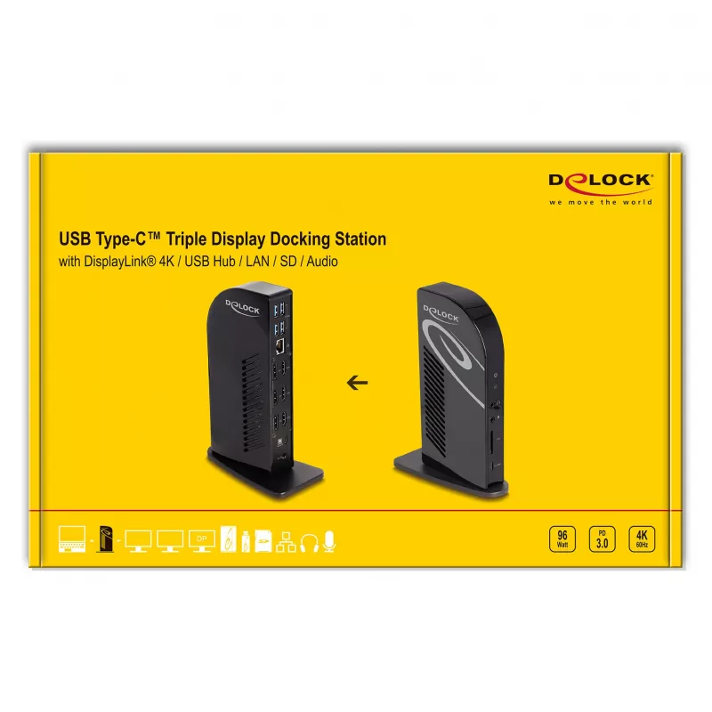 DeLOCK USB Type-C Triple Display Docking Station 4K Hub USB LAN Audio PD 96W