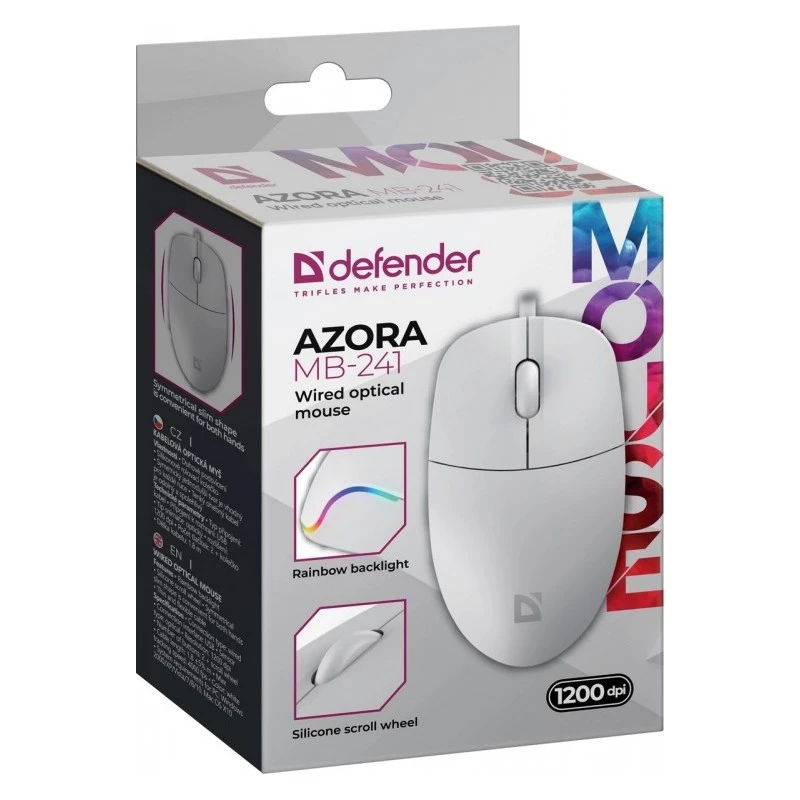 Mouse con filo DEFENDER AZORA MB-24 — mouse ottico USB ambidestro, 1200 dpi, 3 modalità di risoluzione, bianco, 109×86×34 mm