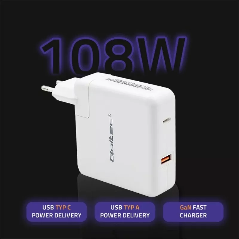 Qoltec caricabatterie GaN FAST 108W | 5-20V | 3-4.7A | USB C | bianco