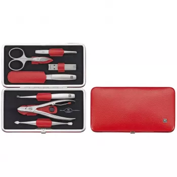 Set da viaggio Zwilling Twinox – custodia in pelle rossa, 7 pezzi - rosso