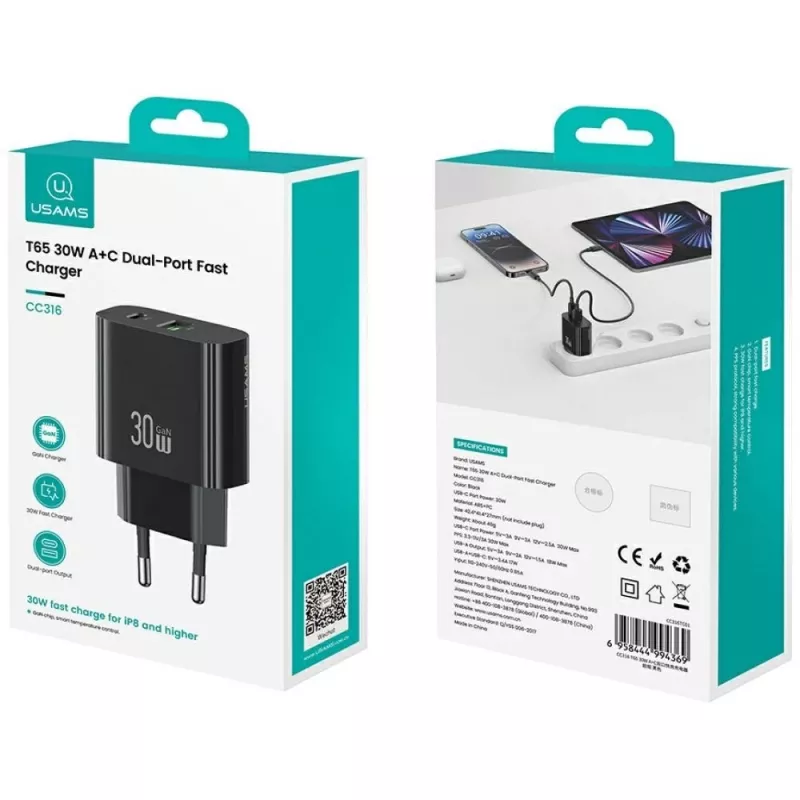 Caricabatterie USAMS USA001631 30W con 1x USB-C e 1x USB-A ricarica rapida