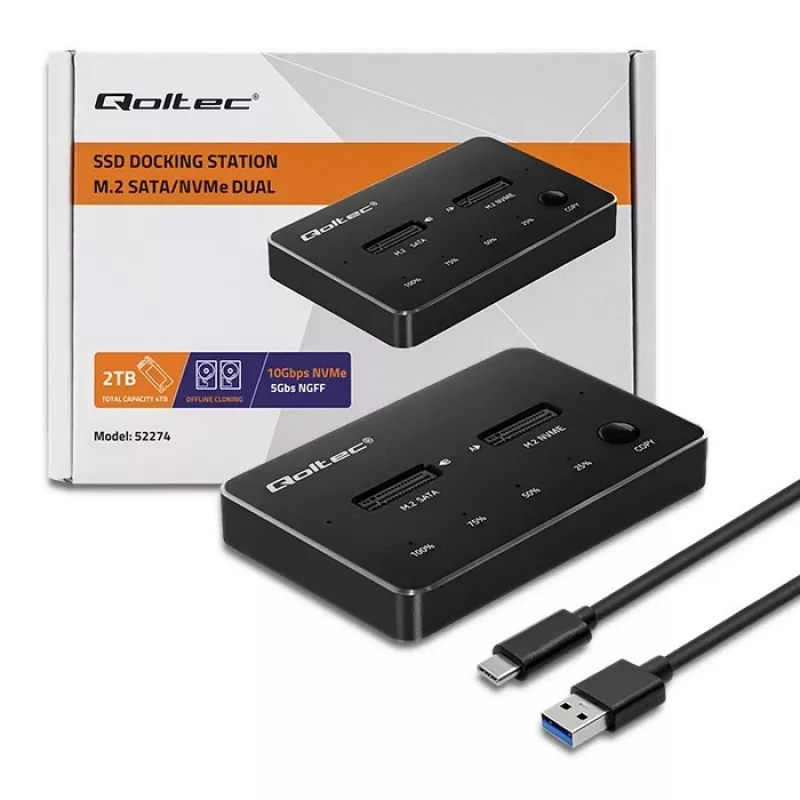 Qoltec 52274 docking station per SSD M.2 | NVMe | SATA | USB-C | DUAL 2 x 2TB