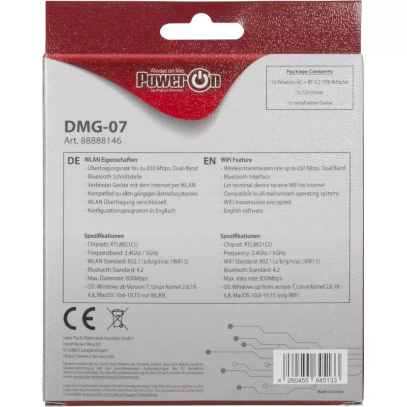 Inter-Tech DMG-07 – wireless – USB – WLAN / Bluetooth – Wi-Fi 5 (802.11ac) – 650 Mbit/s – nero (88888146)