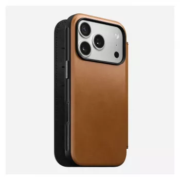 Custodia folio Nomad Modern Leather Folio per iPhone 17 Pro, pelle + alluminio, 6,3 pollici (16 cm), Tan, 3 scomparti per carte
