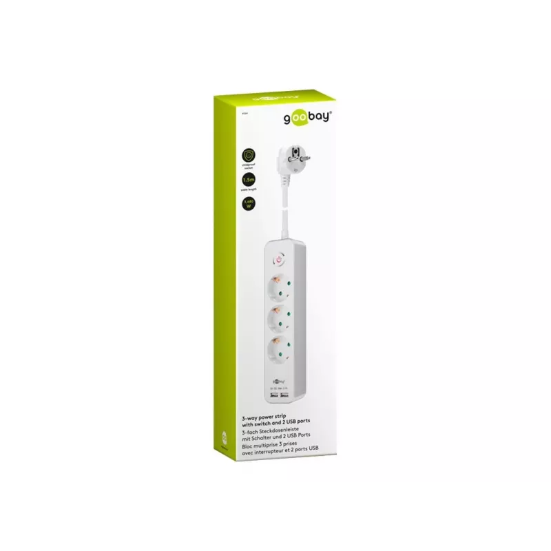 Goobay Ciabatta multipla 3 prese con interruttore e USB, cavo 1,5 m, tipo F