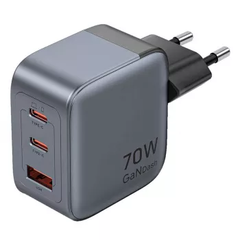 Caricabatterie GaN Vention FEXH0-EU 70W — 2x USB-C + 1x USB-A, PD 70W, 100–240V