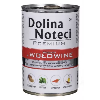 Cibo umido per cani Dolina Noteci manzo e maiale Adult scatoletta 400 g, proteine 11%, grassi 6%, umidità 78%