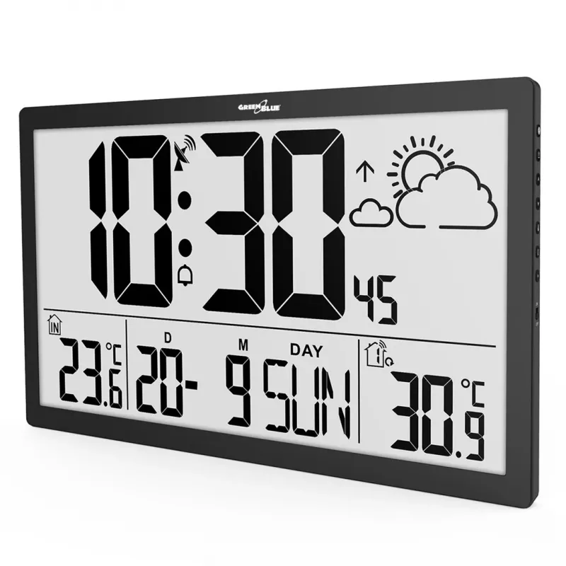 Orologio da parete GreenBlue GB218 — LCD extra grande, stazione meteo, temperature interne/esterne, visualizzazione data