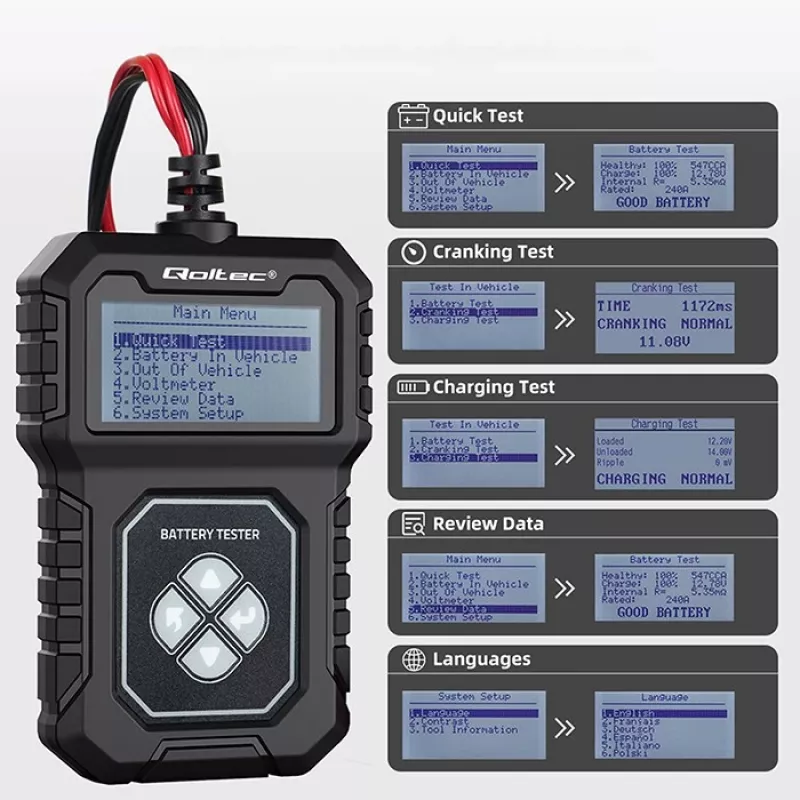 Tester batteria digitale Qoltec con LCD | Menu polacco | 12V | AGM | GEL | STD | 30-220AH