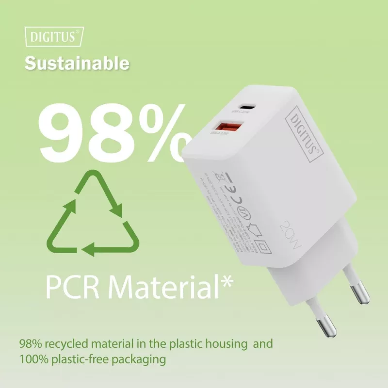 Caricabatterie USB AC DIGITUS 20W, 1x USB-C, 1x USB-A, ingresso 100–240V, bianco